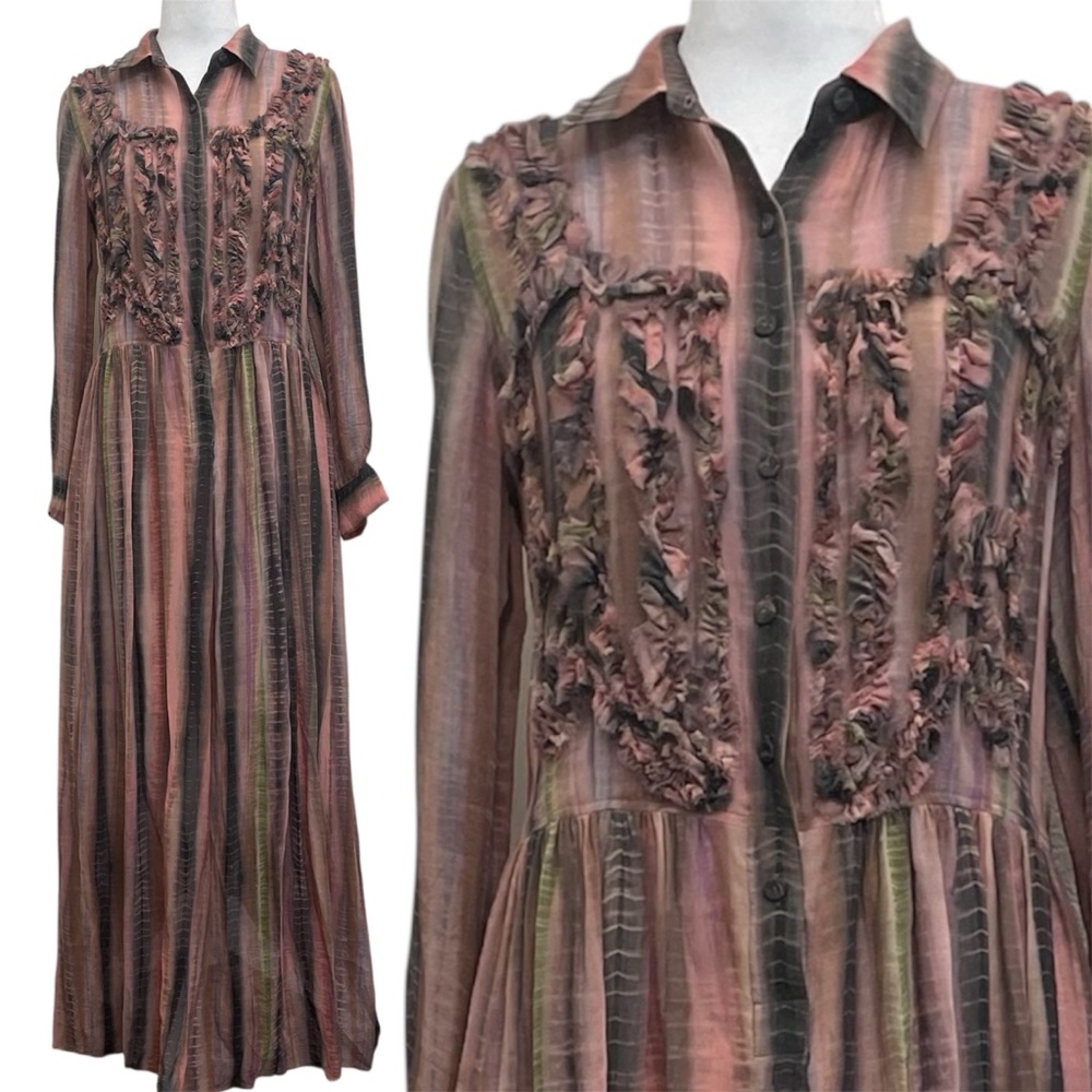 BCBGMaxAzria Runway Leane Silk Tie Dye Long Sleeve Ruffle Front Maxi Dress